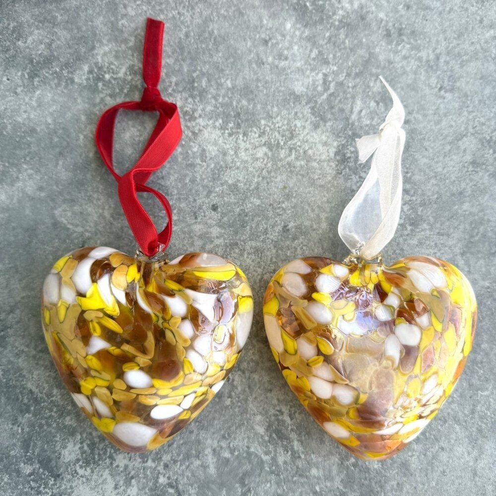 ZORZA Blown Glass Heart Shaped Ornaments 3.5” Dichroic Made In Poland Set Of 2